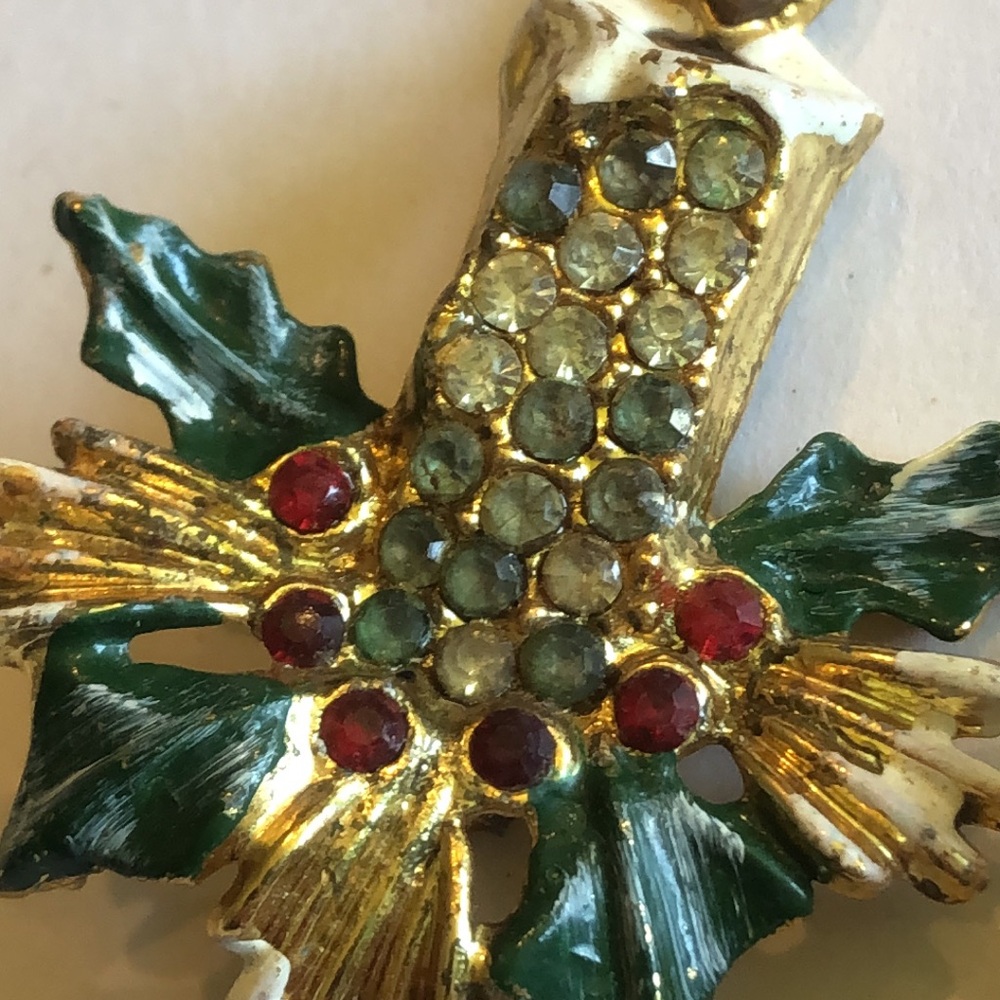 Festive Snowman and Candle Holiday Brooch Set - Gold, Green, White, Red - Picture 4 of 6
